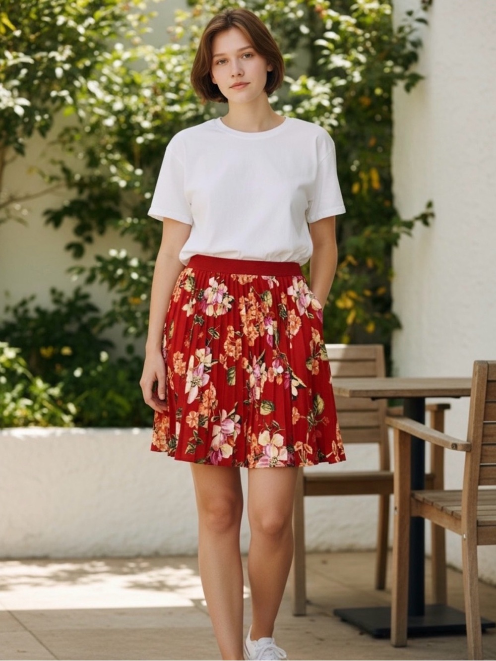 Express Red Floral High Waist Pleated Midi Skirt Size S
